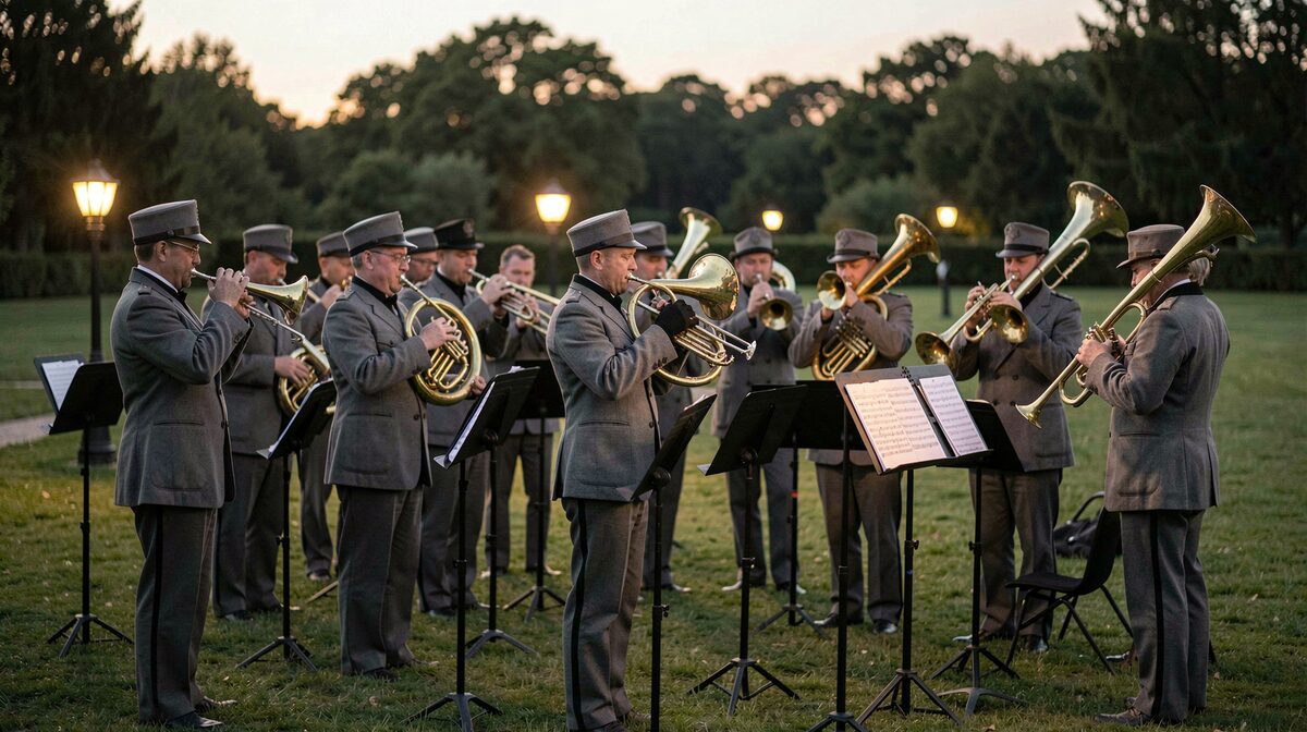 A brass and reed band in grey nineteenth century uniforms on a museum lawn at dusk, sheet music on black stands, warm lamplight on the bells of the horns.